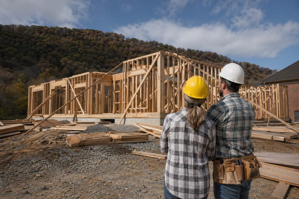 Two construction workers in hard hats and safety vests observe a wooden frame structure under construction on a hillside.