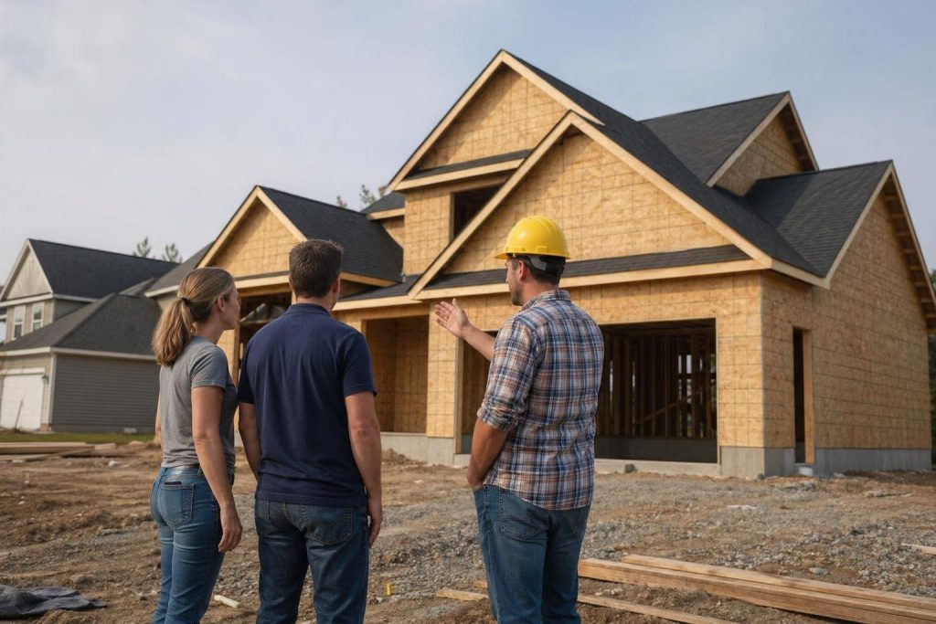Three people stand in front of a newly constructed two-story brick house with multiple gables, inspecting the residential property during daytime.