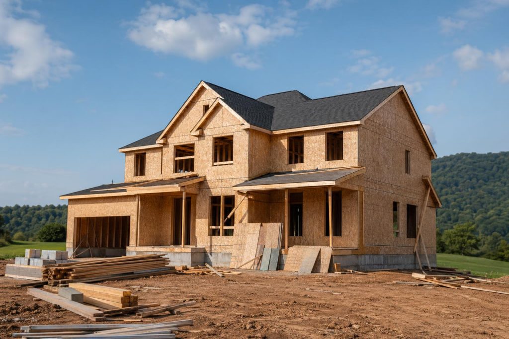 A two-story brick residential house under construction with a front porch and wooded hills visible in the background on a clear day.