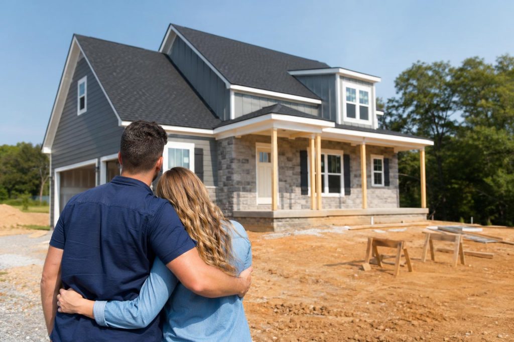 A couple stands together gazing at their newly constructed home during daytime, capturing a moment of anticipation and achievement in real estate.