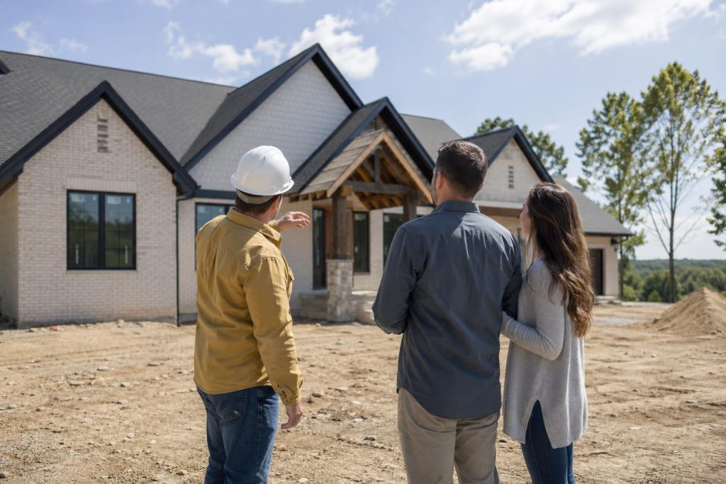 A family of three stands together viewing their newly constructed home on an undeveloped lot under a partly cloudy sky.