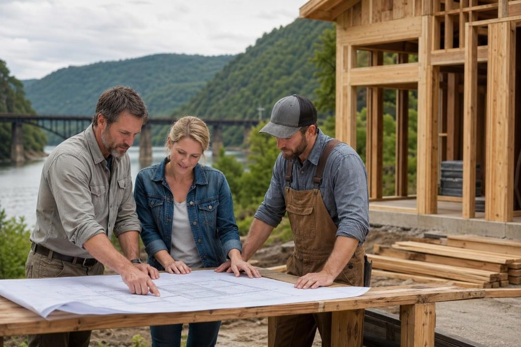 Three builders review construction blueprints at a wooden house frame with a scenic river valley and mountains in the background.