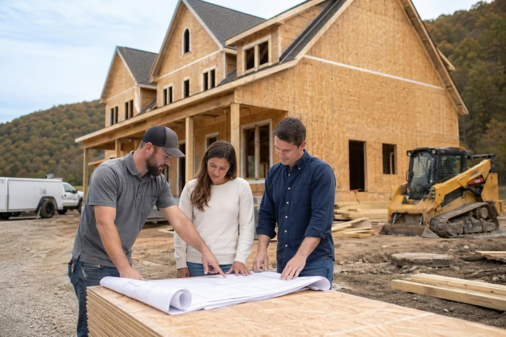 Three construction professionals review blueprints at a building site with a new brick home and heavy machinery in the background.