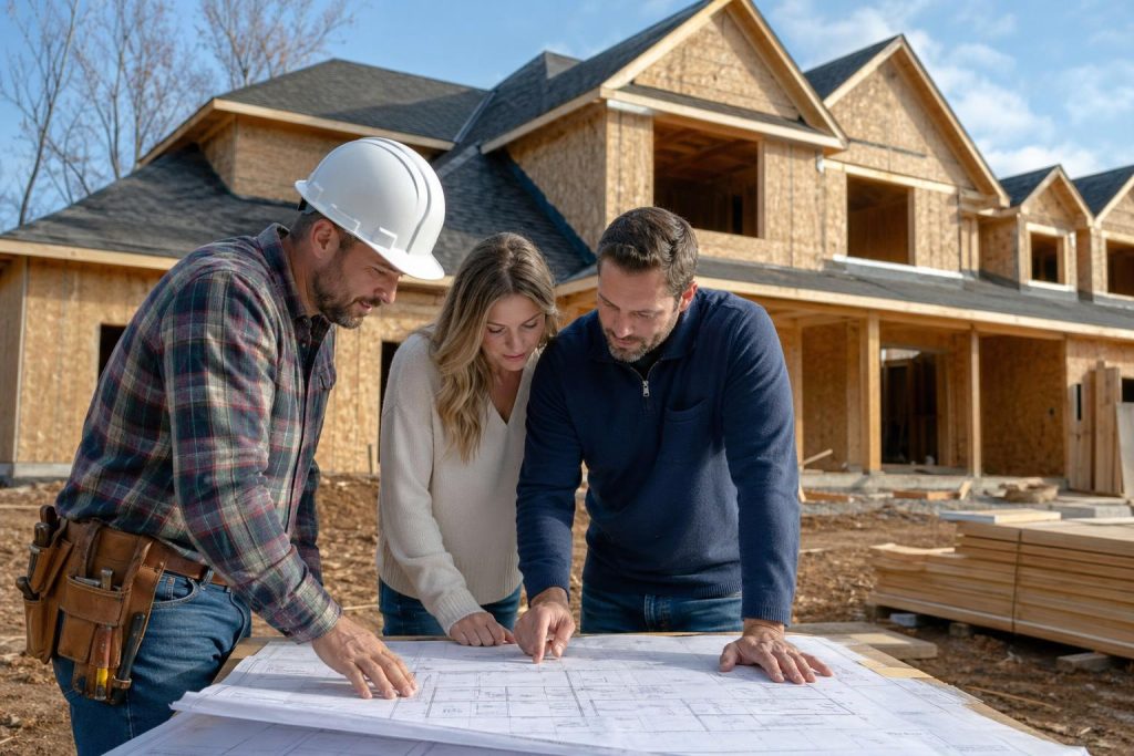 Three construction professionals review building blueprints at an active residential construction site on a clear day.