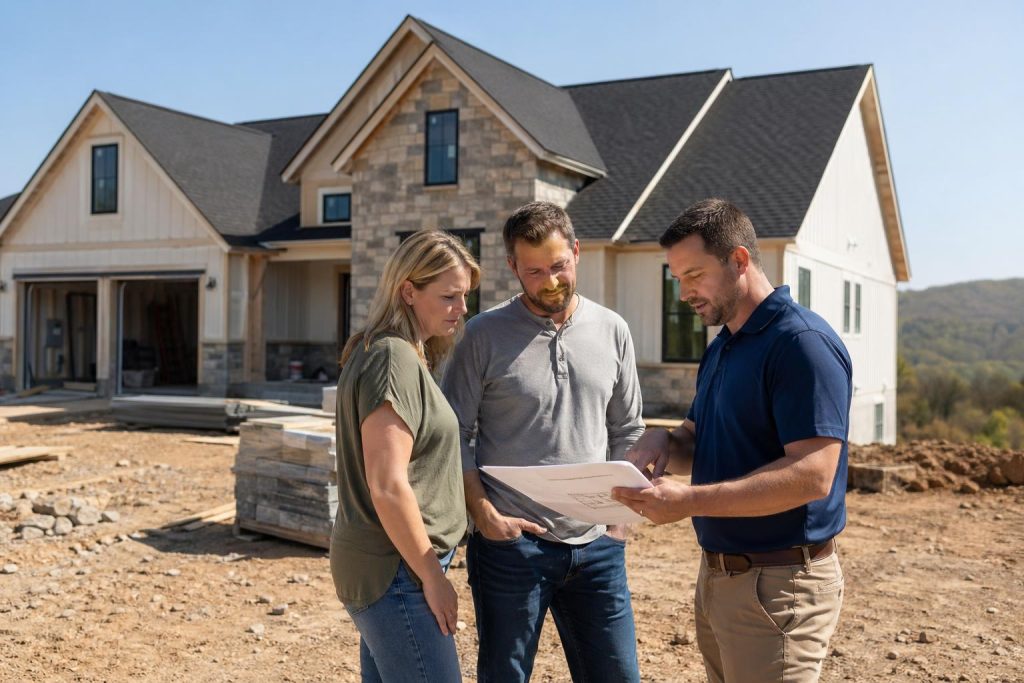 Three real estate professionals stand on the grounds of a newly constructed residential home during daylight, appearing to discuss the property.
