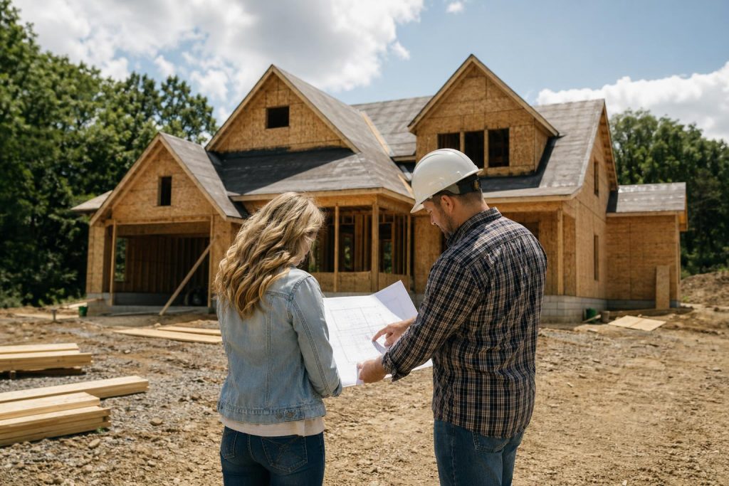 Two construction professionals review blueprints in front of a newly framed residential house under construction.