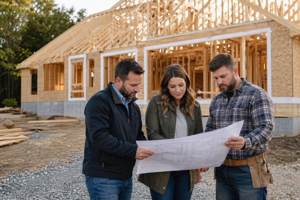 Three construction professionals review building blueprints in front of a house under construction with wooden framing.