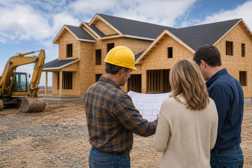 Three construction professionals observe a new brick home under construction on a sunny day, with an excavator visible on the job site.
