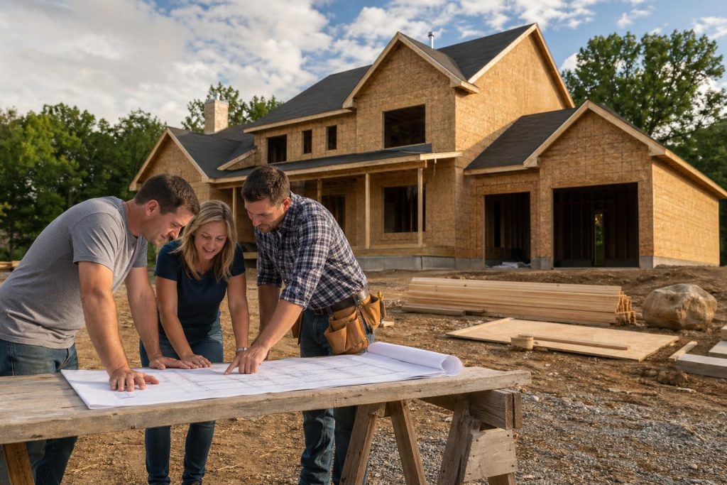 Three construction professionals review blueprints at a table in front of a newly constructed residential home during daytime.