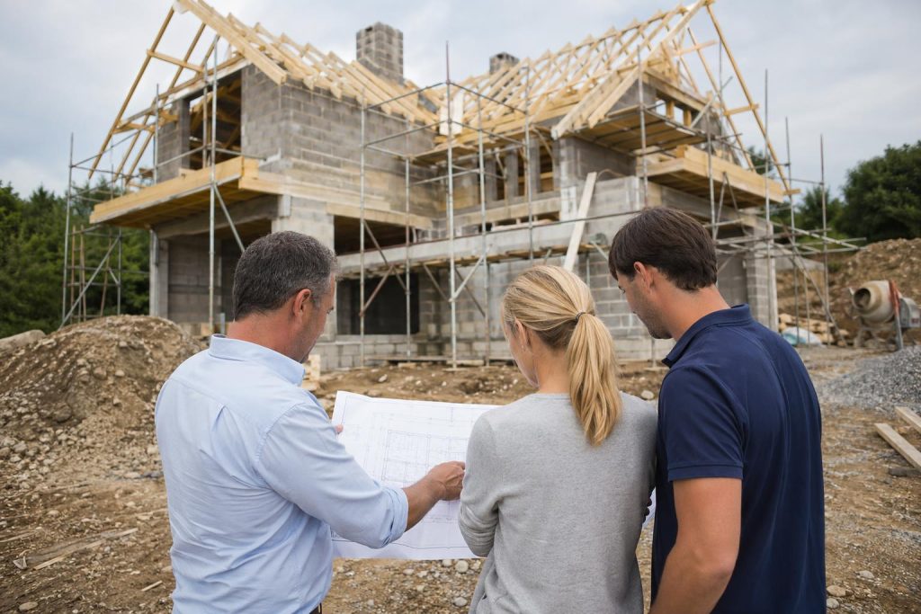 Three people examine plans at a residential house under construction with wooden framing and metal scaffolding visible.